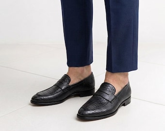 Handmade men Black Snakeskin Print Penny Loafers Shoes  | Leather Slip On Dress wear | Groomsmen Gift | Wedding  Office Footwear | gift him