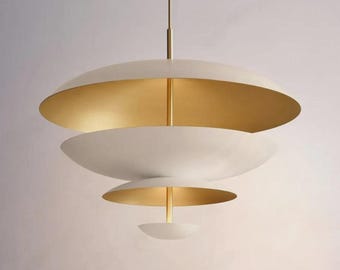 Mid Century Modern Pendant Light, Layered Disc Chandelier, Scandinavian Ceiling Lamp, Minimalist Hanging Light, Modern Dining Room Fixture