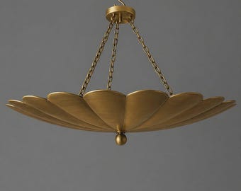 Raw Brass Scalloped Chandelier, Modern Floral Ceiling Light, Art Deco Hanging Lamp, Vintage Style Pendant Lighting, Statement Light Fixture