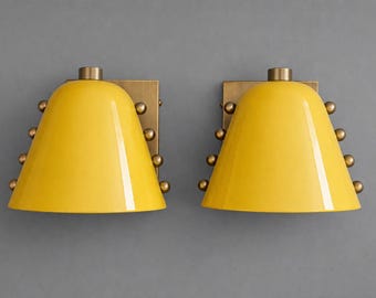 Yellow Wall Sconce Set, Mid Century Modern Light, Brass Wall Lamp Pair, Retro Cone Shade Light, Vintage Style Wall Fixture, Statement Light
