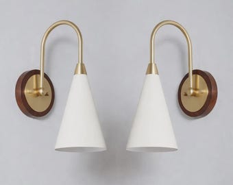 White Wall Sconce Pair, Mid Century Modern Cone Wall Sconce, Brass Wall Lamp Lighting Set for Bedroom