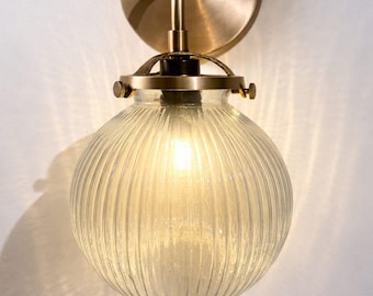 Glass Globe Wall Sconce, Ribbed Glass Wall Light, Vintage Industrial Lighting, Brass Wall Fixture, Modern Farmhouse Wall Lamp
