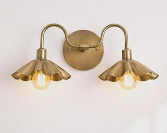 Vintage brass double wall sconce scalloped shade farmhouse vanity lighting fixture gold industrial bathroom hallway bedroom décor lamp