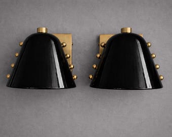 Black Wall Sconce Set, Mid Century Modern Lighting, Brass Cone Wall Lamp Pair, Retro Wall Light Fixture, Vintage Style Statement Lighting