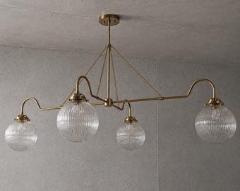 Mid Century Modern Ribbed Glass Linear Chandelier | Kitchen Pendant Light, Hanging Ceiling Lamp