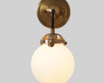 Mid Century Modern Globe Wall Sconce, Brass and Black Wall Lamp with Opal Glass Shade, Minimalist Scandinavian Bathroom Vanity Lighting