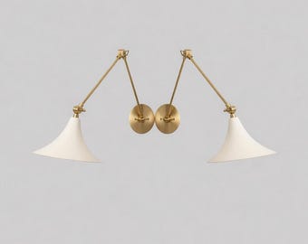 Pair vintage brass swing arm wall sconces adjustable white cone shade mid century modern bedside reading lighting fixture bedroom décor