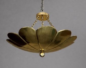 Vintage Brass Lotus Chandelier, Mid Century Modern Flower Pendant Light, Hanging Ceiling Lamp, Scandinavian Floral Lighting Fixture Décor