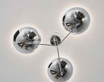 Modern Chrome 3 Light Ceiling Fixture, Mid Century Sputnik Chandelier, Polished Brass Flush Mount Light, Contemporary Home Lighting