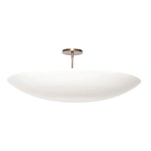 May include: A large, shallow, white bowl-shaped pendant light fitting with a smooth, matte finish. It is suspended by a thin, vertical metal rod connected to a circular, metallic bronze-toned ceiling canopy mount at the top centre.