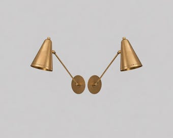 Pair Adjustable Brass Cone Wall Sconce, Mid Century Modern Swing Arm Wall Lamp, Scandinavian Gold Reading Light Fixture Lighting Décor