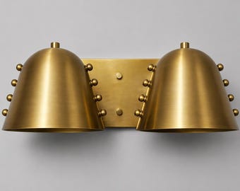 Modern Brass Double Wall Sconce, Gold Vanity Light Fixture, Mid Century Bathroom Lighting, Dual Shade Wall Lamp, Art Deco Light