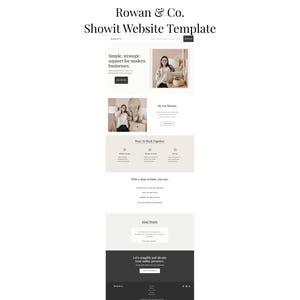 Puede incluir: Un diseño de plantilla de sitio web de Rowan & Co. El diseño presenta una estética limpia y minimalista con una paleta de colores neutros. La plantilla incluye secciones para mostrar contenido, con el texto "Simple, strategic support for modern businesses."