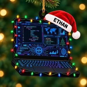 Ornement de Noël personnalisé en acrylique représentant un ordinateur portable de programmation, cadeau pour programmeur avec nom personnalisé