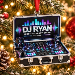 Personlig Neon DJ Skivspelare Fodral Akryl Ornament, Anpassad Namn Discjockey Julklapp