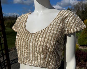 Top corto vintage anni '90 con perle e paillettes dorate, bustier con schiena scoperta, top da sposa, blusa glamour da festival, taglie M L