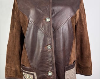 Vintage bruin leren jack XL – suède jas in Oostenrijkse stijl, rundleer en wol details, western boho country jack