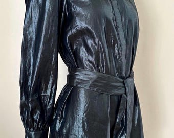 Camicetta vintage anni '80 metallizzata taglia S / Top lucido con cintura / Camicetta a collo alto con maniche a sbuffo / Top elegante per feste e serate / EU 36 UK 8