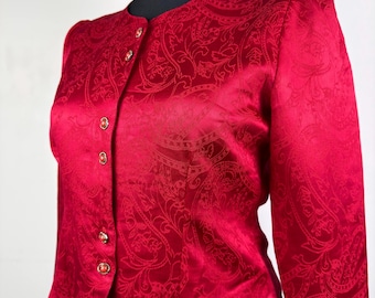 Vintage rode jacquard blouse jas dames M EU40 UK14 retro statement top elegante knoopsluiting jaren 80-jaren 90