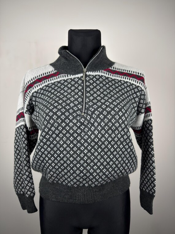 Vintage Nordic Ski Sweater Wool Blend Scandinavian Fair Isle Quarter Zip Norwegian Pullover S