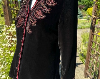 Vintage jaren 90 zwart fluwelen geborduurd jack | Paisleyblazer met kralen | Avondjack met mandarijnkraag | Statement top boho-gotisch S