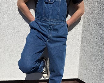 Peto vaquero vintage de los 90 para hombre, talla XL, azul, ropa de trabajo, peto de carpintero, vaqueros utilitarios, mono de algodón, talla EU54