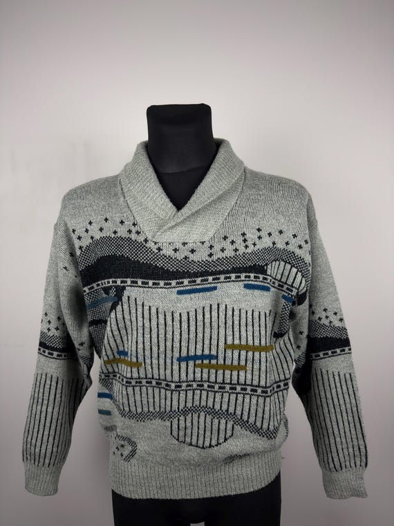 Men's Vintage Grey Nordic Pattern Wool Blend Sweater – Shawl Collar Knit Jumper