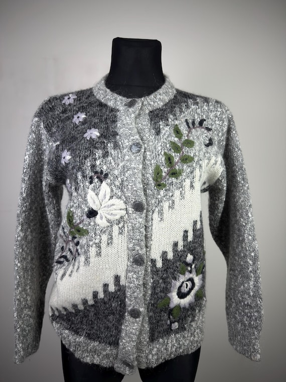 Vintage Floral Embroidered Cardigan Wool Knit Sweater Women Grey Button Up Cottagecore Boho Cozy Knit