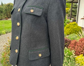Vintage Oostenrijkse wollen jas dames EU 40 groot – houtskoolgrijze blazer, Alpine Loden-jas, Tiroler wollen jas, Dark Academia