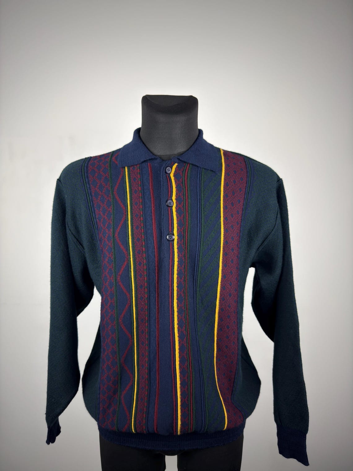 Vintage Coogi Style Knit Polo Sweater: 90s Textured Wool Blend Pullover (Size M), foto 1 de 5