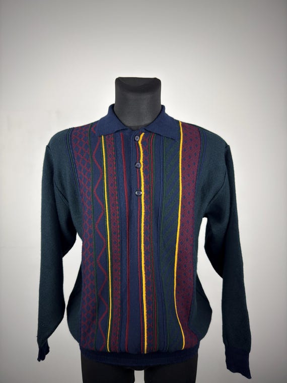 Vintage Coogi Style Knit Polo Sweater: 90s Textured Wool Blend Pullover (Size M)