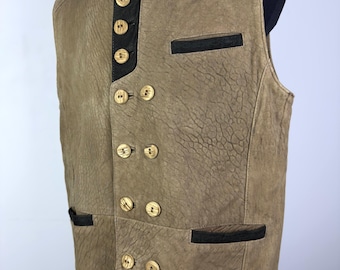 Gilet vintage in pelle da uomo taglia L EU50, gilet tradizionale austriaco in vera pelle, gilet alpino tradizionale per l'Oktoberfest.