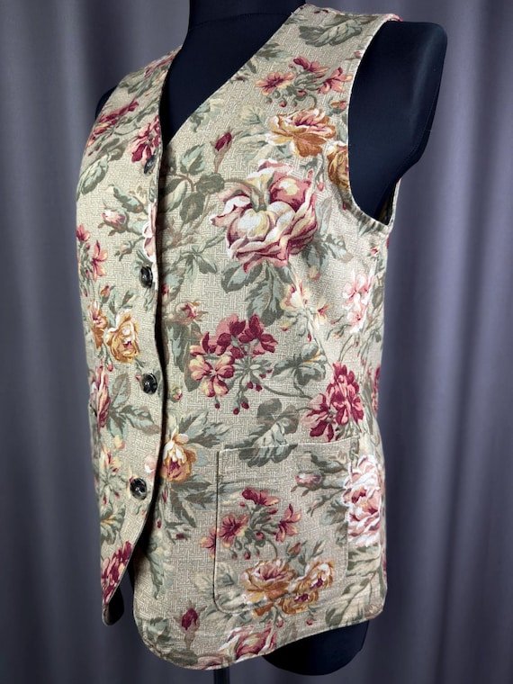 Orvis, Vintage 90s Orvis Floral Tapestry Vest Cotton Linen Blend Rose Print Waistcoat Made in USA Cottagecore Grandmacore Sleeveless Top L XL