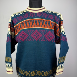 Devold Norwegian Wool Sweater Vintage Nordic Fair Isle Sweater Made in Norway Scandinavian Wool Jumper Winter Ski Pullover Size L
