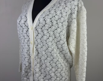 Cardigan vintage bianco in maglia stile pizzo – Maglione morbido e minimalista con bottoni taglia S/M, comodo strato scandinavo