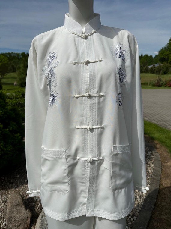 Vintage White Silk Dragon Embroidered Lounge Set XL | Y2K Asian Two Piece Outfit | Mandarin Collar Jacket & Pants Set