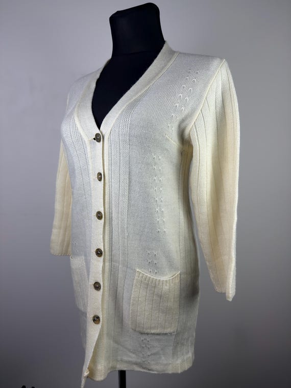 Vintage Cream Knit Cardigan Longline Button Up Sweater Minimalist Grandpa Core Soft Ivory Cardigan Women Size M L