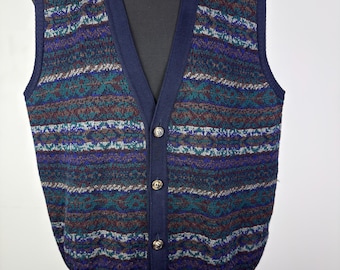 Gilet vintage nordico in lana da uomo, taglia XL, con motivo Fair Isle e bottoni, anni '90, prodotto in Uruguay, modello UK42