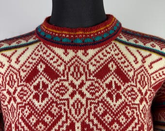 Vintage Dale of Norway Wool Sweater L Red Nordic Fair Isle Norwegian Knit Jumper Scandinavian Winter Pullover