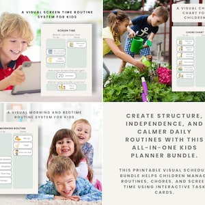 Op de afbeelding: Een bundel afdrukbare visuele schema kaarten voor kinderen. De bundel bevat schema's voor schermtijd, klusjes en ochtend/bedtijd routines. De tekst op de afbeelding luidt: "Creëer structuur, onafhankelijkheid en rustigere dagelijkse routines met deze alles-in-één kinderplannerbundel."