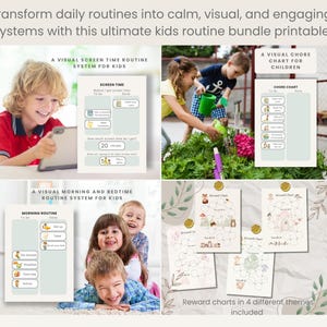 Op de afbeelding: Een afdrukbare bundel voor kinderen met visuele hulpmiddelen voor schermtijd, klusjes en ochtend-/avondroutines. Bevat beloningstabellen in vier thema's. De tekst luidt: "Transformeer dagelijkse routines in rustige, visuele en boeiende systemen."