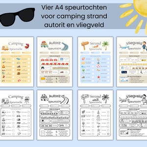 Op de afbeelding: Acht A4-activiteitenbladen met illustraties en tekst in het Nederlands, met thema's als kamperen, strand, autoritten en luchthavens. Inclusief een zwarte zonnebril en een gele zon-illustratie.