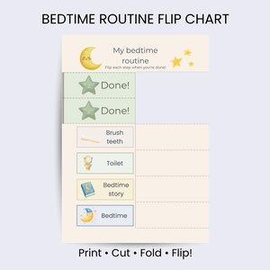 Op de afbeelding: Een "Bedtime Routine"-flipkaart met de tekst "My bedtime routine" en "Flip each step when you're done!". Het bevat illustraties van een maan, sterren, tandenborstel, toilet, boek en bed, met secties gelabeld als "Done!" voor het bijhouden.