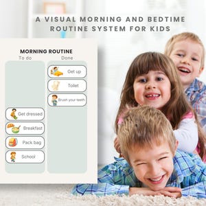 Op de afbeelding: Een visueel ochtend- en bedtijdroutinesysteem voor kinderen. De tabel toont een ochtendroutine met illustraties voor taken zoals aankleden, ontbijten en naar school gaan. Drie lachende kinderen op de achtergrond.