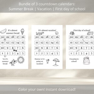 Op de afbeelding: Een bundel van drie zwart-wit aftelkalenders voor zomervakantie, vakantie en de eerste schooldag. Elke kalender heeft een raster met nummers en illustraties. De tekst "Color your own! Instant download!" staat onderaan.