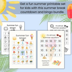 Op de afbeelding: Een printbare zomeractiviteitenset met twee bingokaarten met kleurrijke iconen en twee aftelbladen met genummerde roosters. De tekst luidt: Get a fun summer printable set for kids with this summer break countdown and bingo bundle.