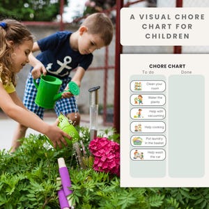 Op de afbeelding: Een visuele takenlijst voor kinderen met illustraties van taken zoals het opruimen van een kamer en het wassen van de auto. Twee kinderen geven planten water met groene gieters. De lijst staat op een witte achtergrond.