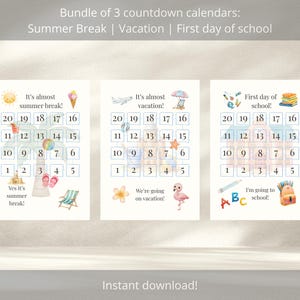Op de afbeelding: Een bundel van drie aftelkalenders met zomerthema's. Elke kalender heeft een raster met nummers en illustraties. De thema's zijn zomervakantie, vakantie en de eerste schooldag. De tekst "Direct downloaden!" staat onderaan.
