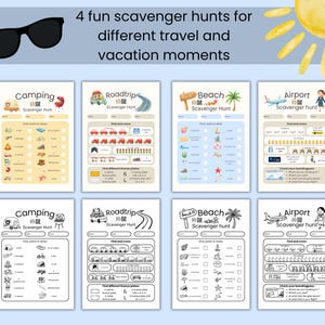 Op de afbeelding: Vier leuke speurtochten voor reizen en vakantie. Thema's zijn kamperen, roadtrip, strand en luchthaven. Elke pagina heeft illustraties en checklists voor activiteiten. Ideaal voor kinderen.