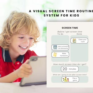 Op de afbeelding: Een visueel schermtijdroutinesysteem voor kinderen. De afbeelding toont een lachend kind dat een tablet vasthoudt. Het systeem omvat taken zoals helpen met klusjes en huiswerk maken voor schermtijd, en daarna een spelletje spelen. De schermtijd is beperkt tot 20 minuten.
